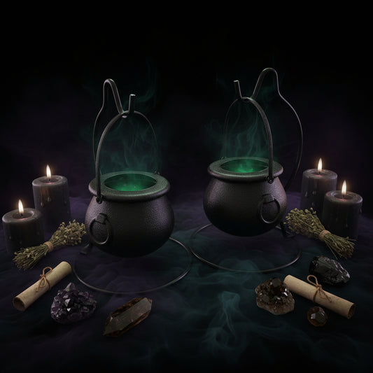 Two black plastic cauldron-shaped candle holders with matching metal stands, displayed on a wooden table with floral placemats in the background.