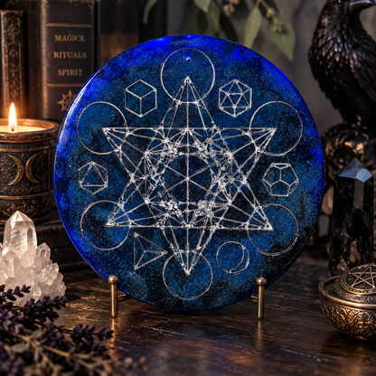 Metatron’s Cube celestial blue handmade resin altar piece displayed on a mystical altar setting