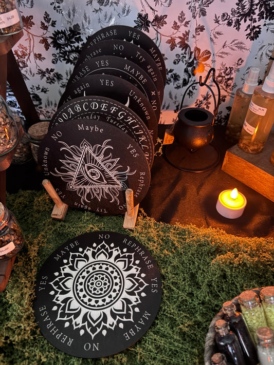 Morrigu Star black divination pendulum boards with Yes No Maybe and Rephrase responses