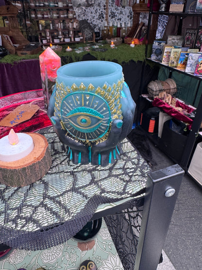 Hand-finished altar vessel with all-seeing eye and turquoise gold detailing by Morrigu Star