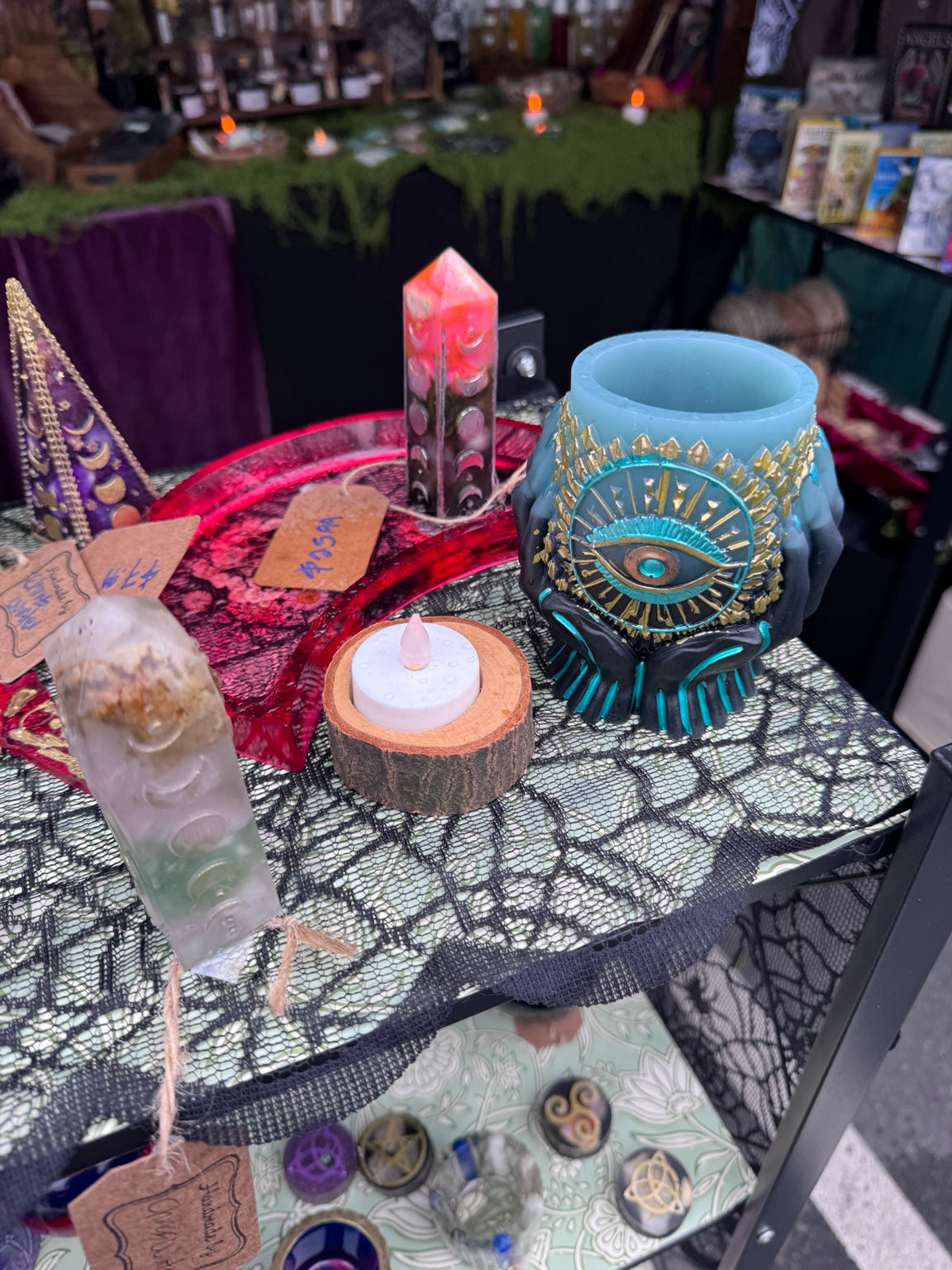 Mystical hands and eye decorative ritual vessel with turquoise and antique gold accents