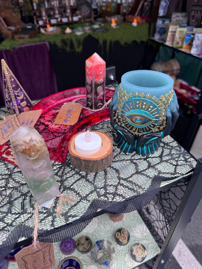 Mystical hands and eye decorative ritual vessel with turquoise and antique gold accents