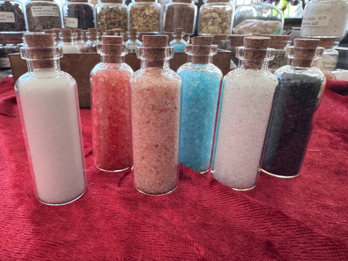 Front view of the six Morrigu Star ritual salt bottles