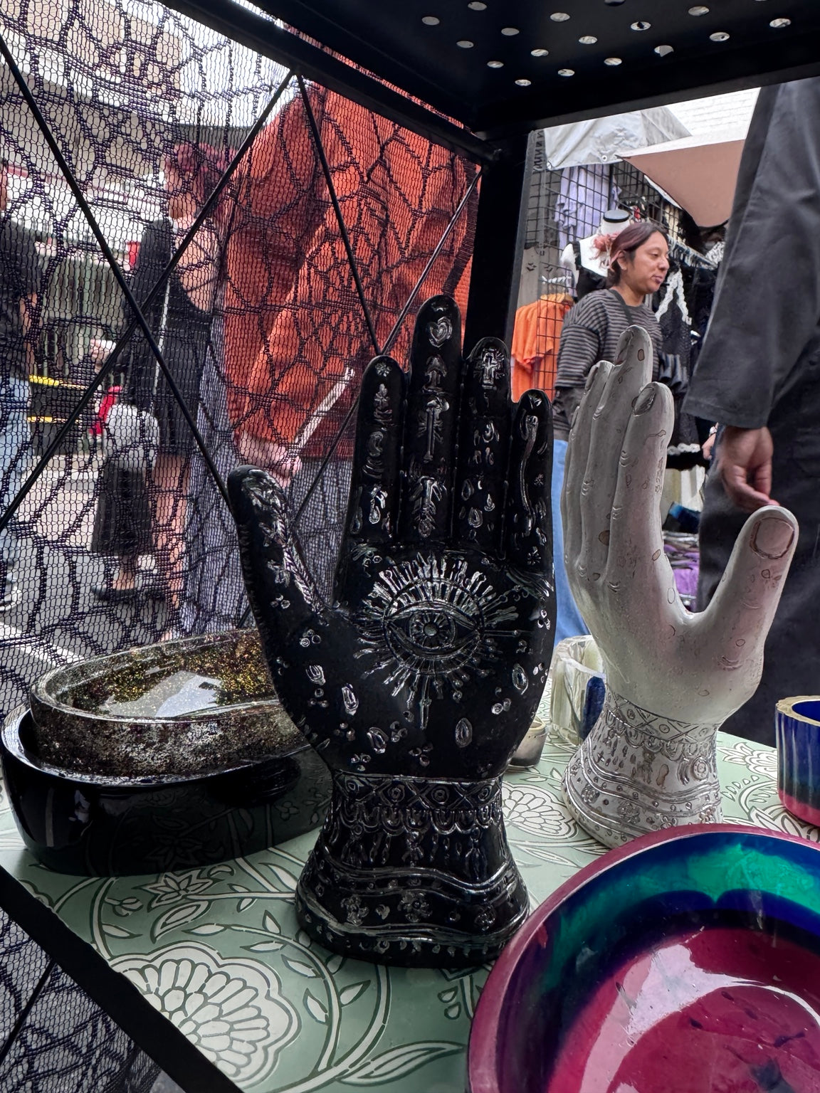 Hand-finished black palmistry hand decor with metallic detailing by Morrigu Star