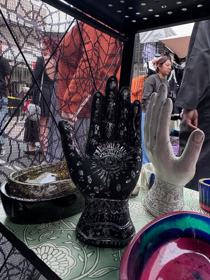 Hand-finished black palmistry hand decor with metallic detailing by Morrigu Star